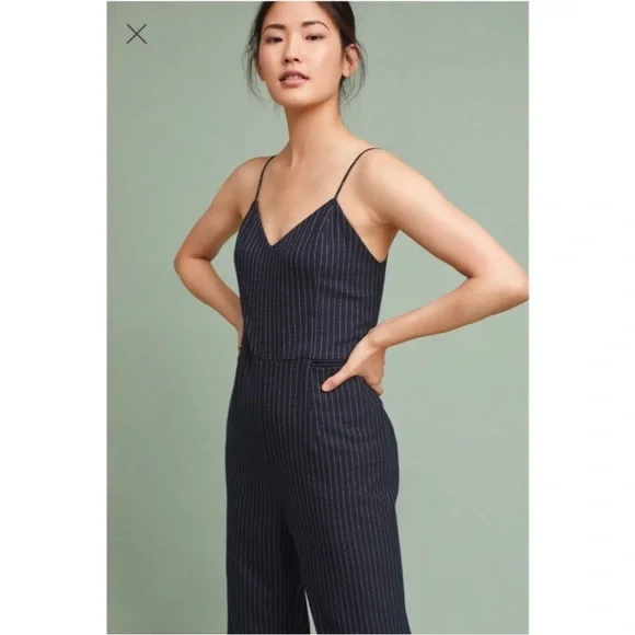 Anthropologie The Essentials Navy Blue Pinstriped Jumpsuit Size 4 - Picture 3 of 12